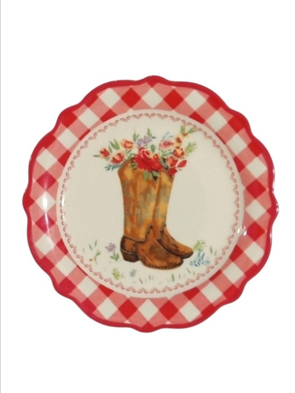 The Pioneer Woman Red & White Gingham Boots & Flowers 7" Appetizer Plate NWT